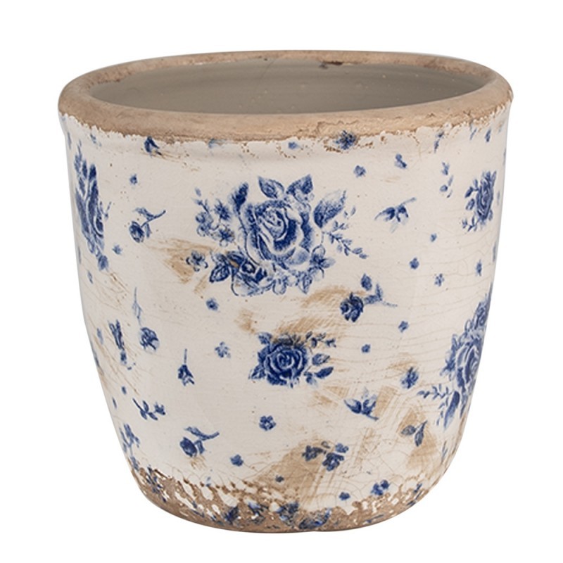 Béžový keramický obal na květináč s modrými růžemi Blue Rose S - Ø 13*12 cm