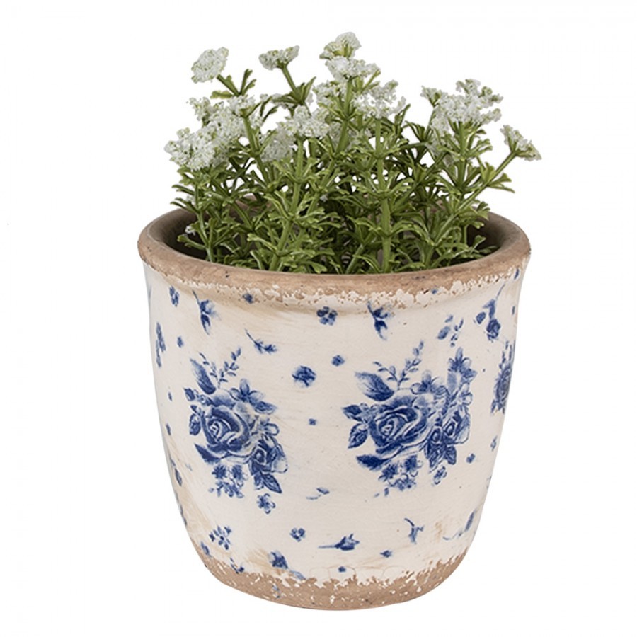 Béžový keramický obal na květináč s modrými růžemi Blue Rose XS - Ø 11*10 cm