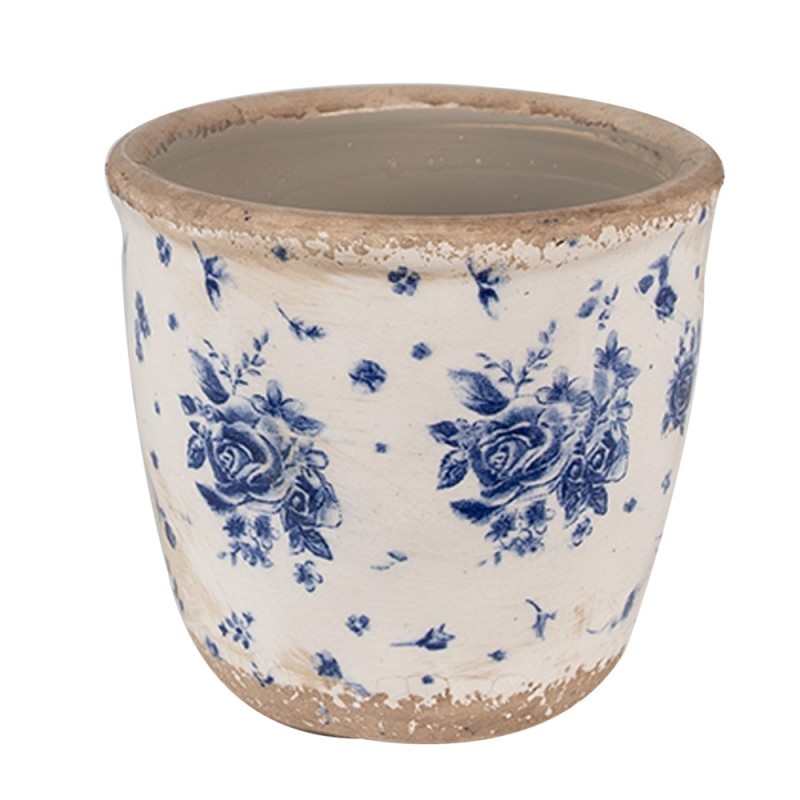 Béžový keramický obal na květináč s modrými růžemi Blue Rose XS - Ø 11*10 cm