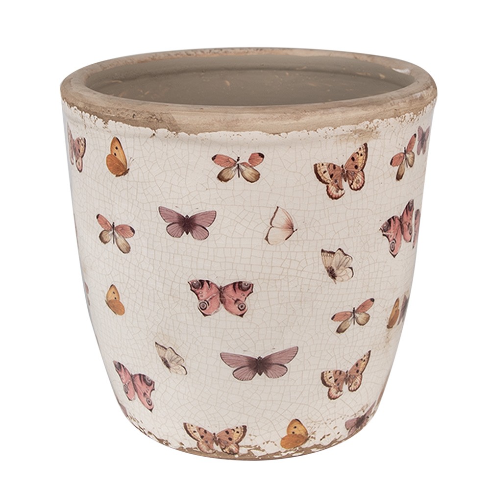 Béžový antik obal na květináč s motýlky Butterfly Paradise L - Ø 16*16 cm