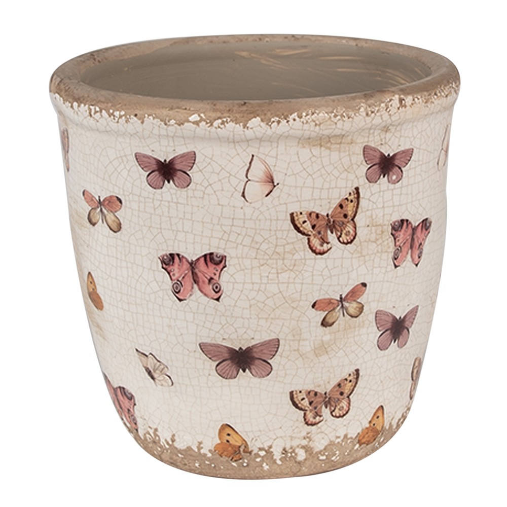Béžový antik obal na květináč s motýlky Butterfly Paradise M - Ø 15*14 cm