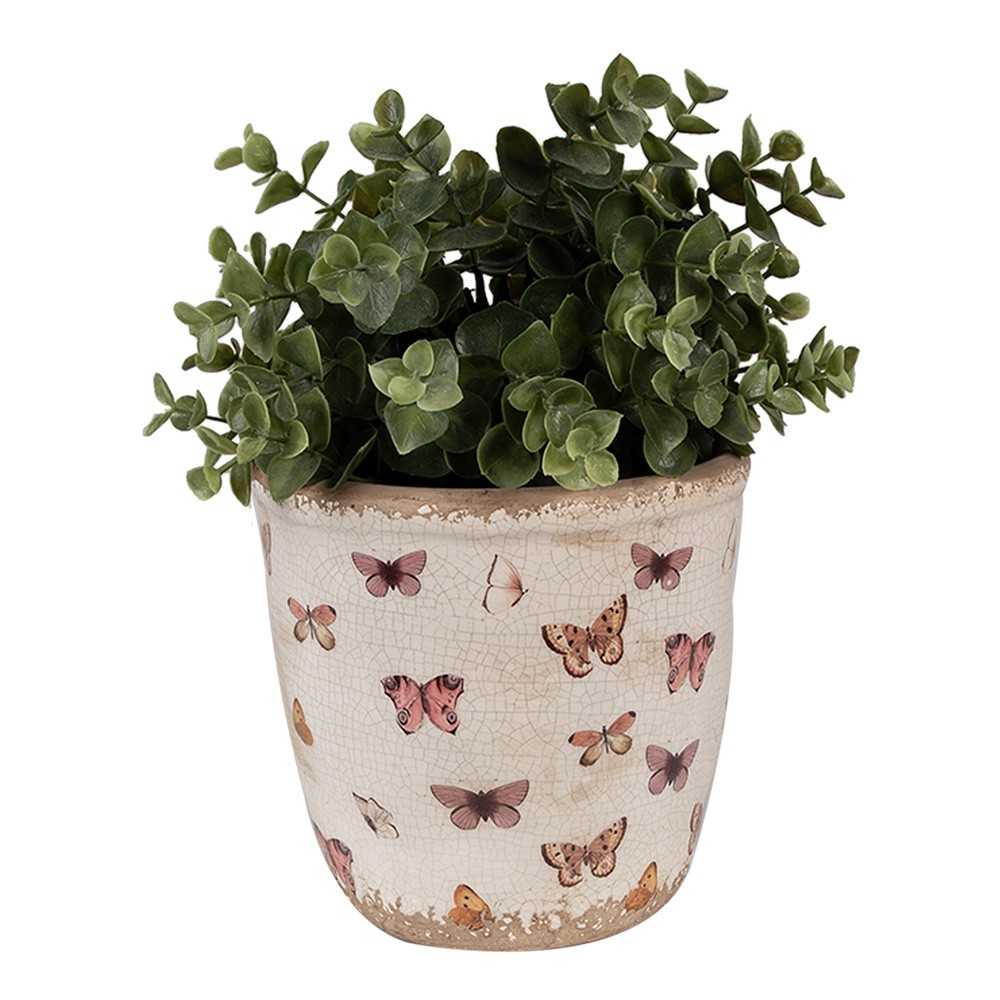 Béžový antik obal na květináč s motýlky Butterfly Paradise M - Ø 15*14 cm