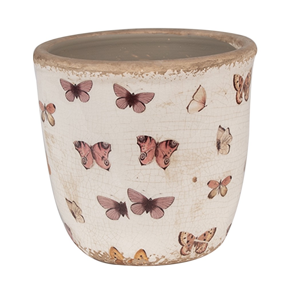 Béžový antik obal na květináč s motýlky Butterfly Paradise S - Ø 13*12 cm