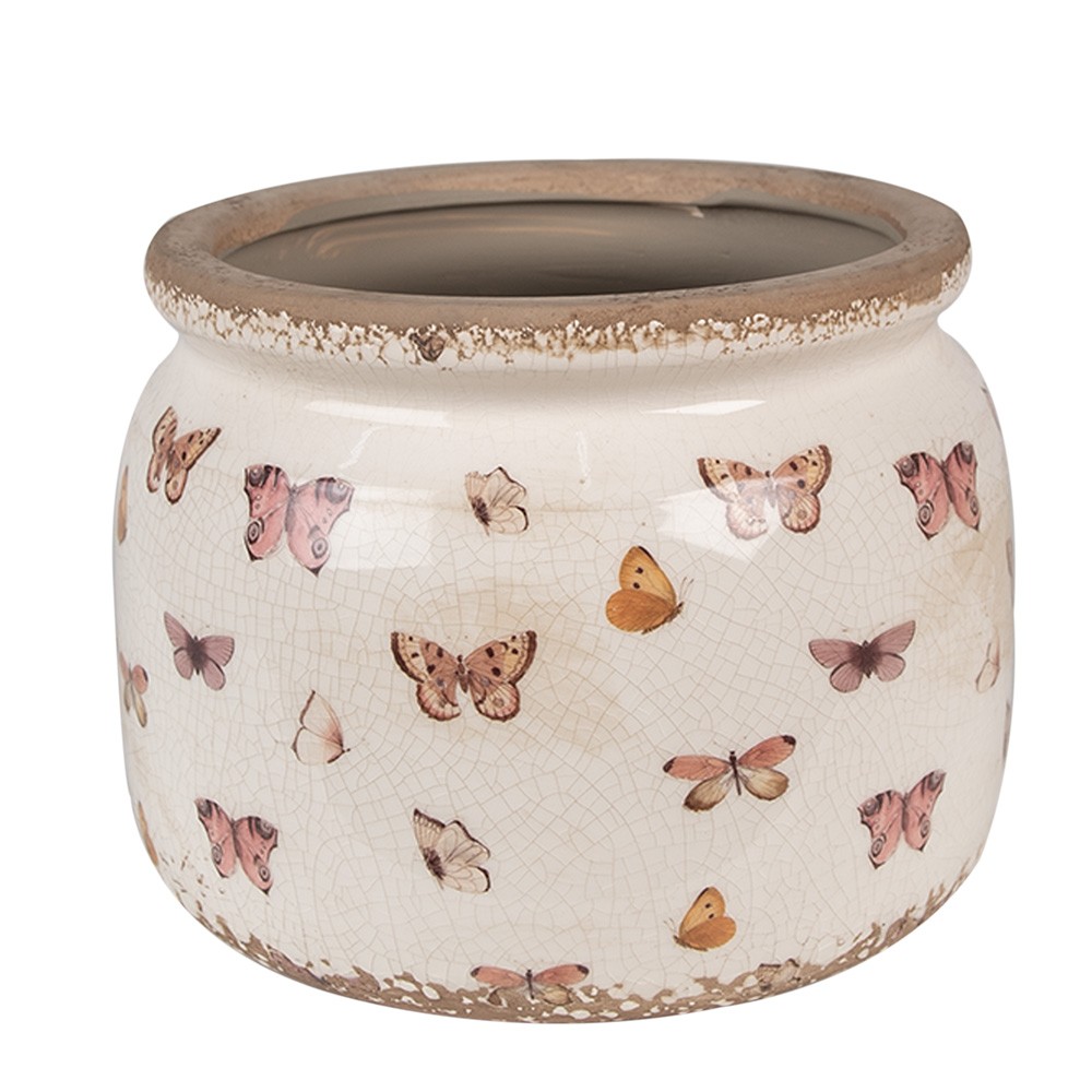 Béžový antik obal na květináč s motýlky Butterfly Paradise L - Ø 20*15 cm