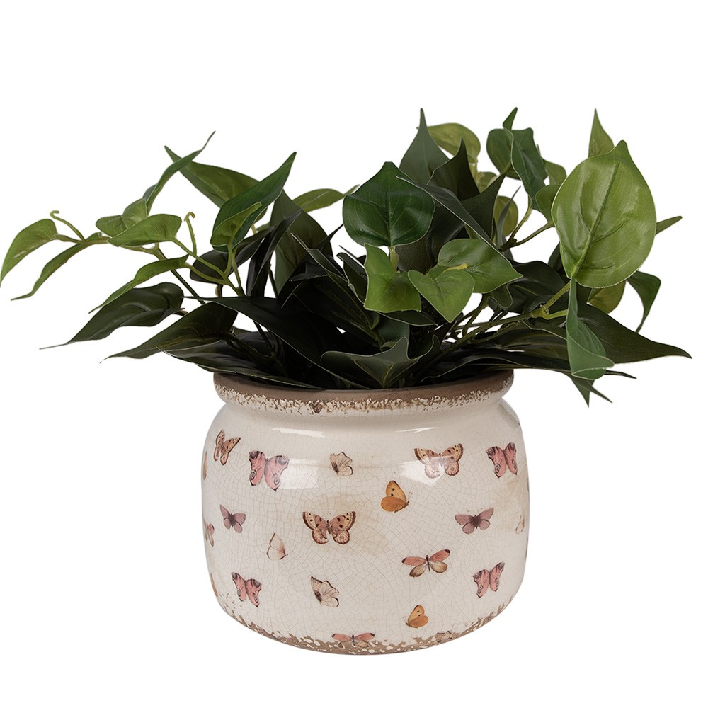Béžový antik obal na květináč s motýlky Butterfly Paradise L - Ø 20*15 cm