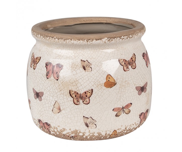 Béžový antik obal na květináč s motýlky Butterfly Paradise M - Ø 16*13 cm