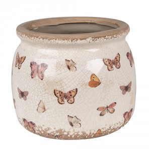 Béžový antik obal na květináč s motýlky Butterfly Paradise M - Ø 16*13 cm