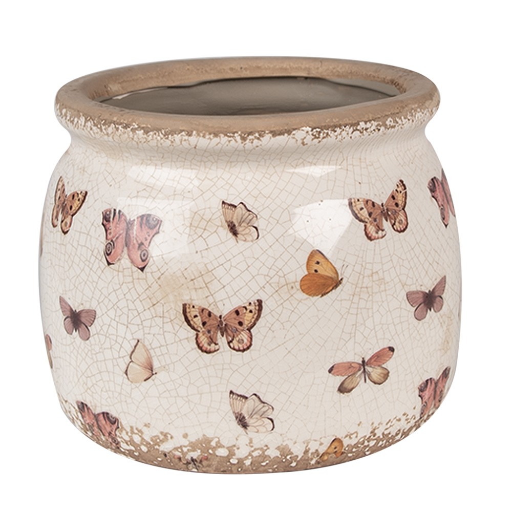 Béžový antik obal na květináč s motýlky Butterfly Paradise M - Ø 16*13 cm