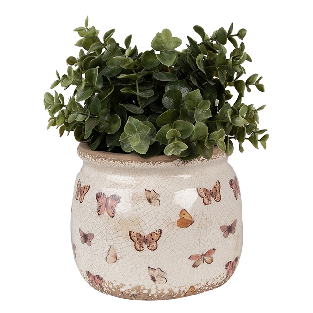 Béžový antik obal na květináč s motýlky Butterfly Paradise M - Ø 16*13 cm