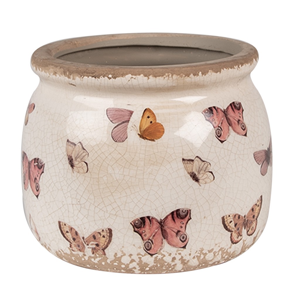 Béžový antik obal na květináč s motýlky Butterfly Paradise S - Ø 12*10 cm