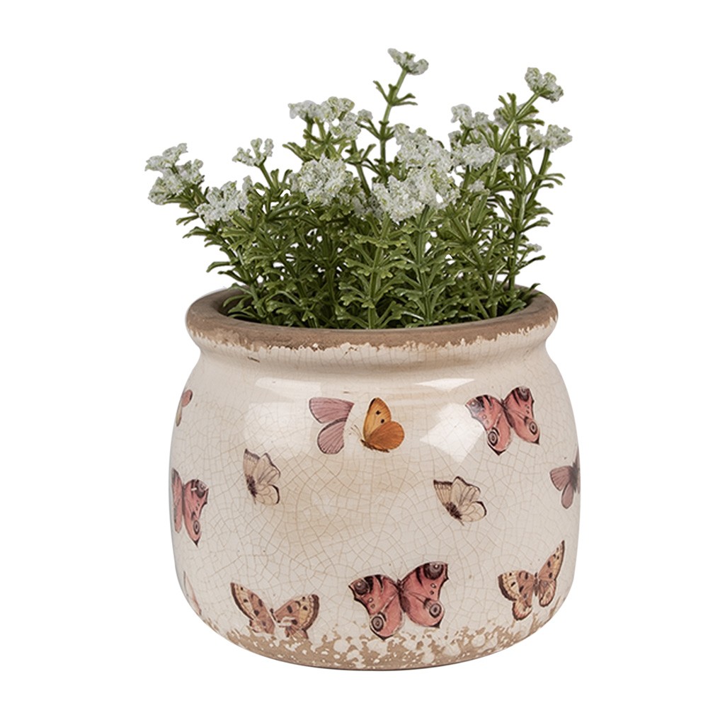 Béžový antik obal na květináč s motýlky Butterfly Paradise S - Ø 12*10 cm