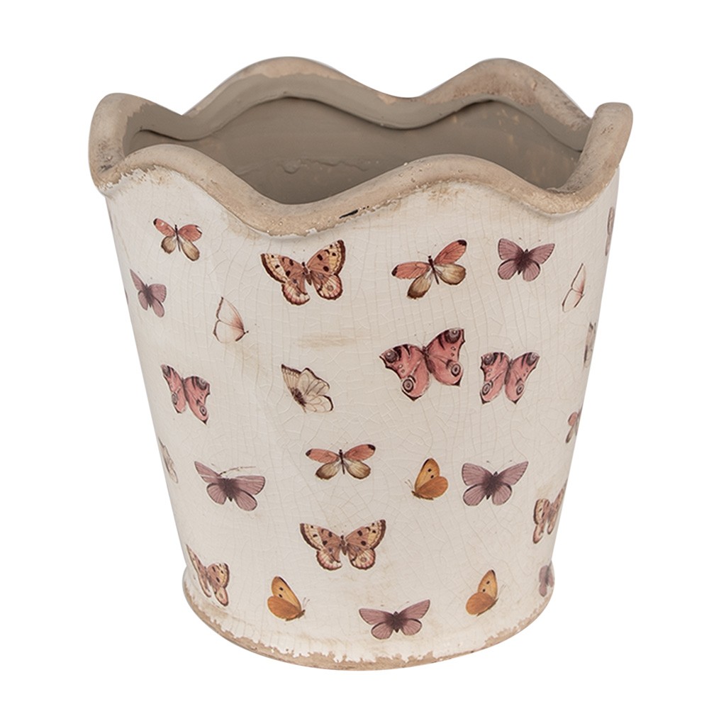 Béžový antik obal na květináč s motýlky Butterfly Paradise L - Ø 19*18 cm