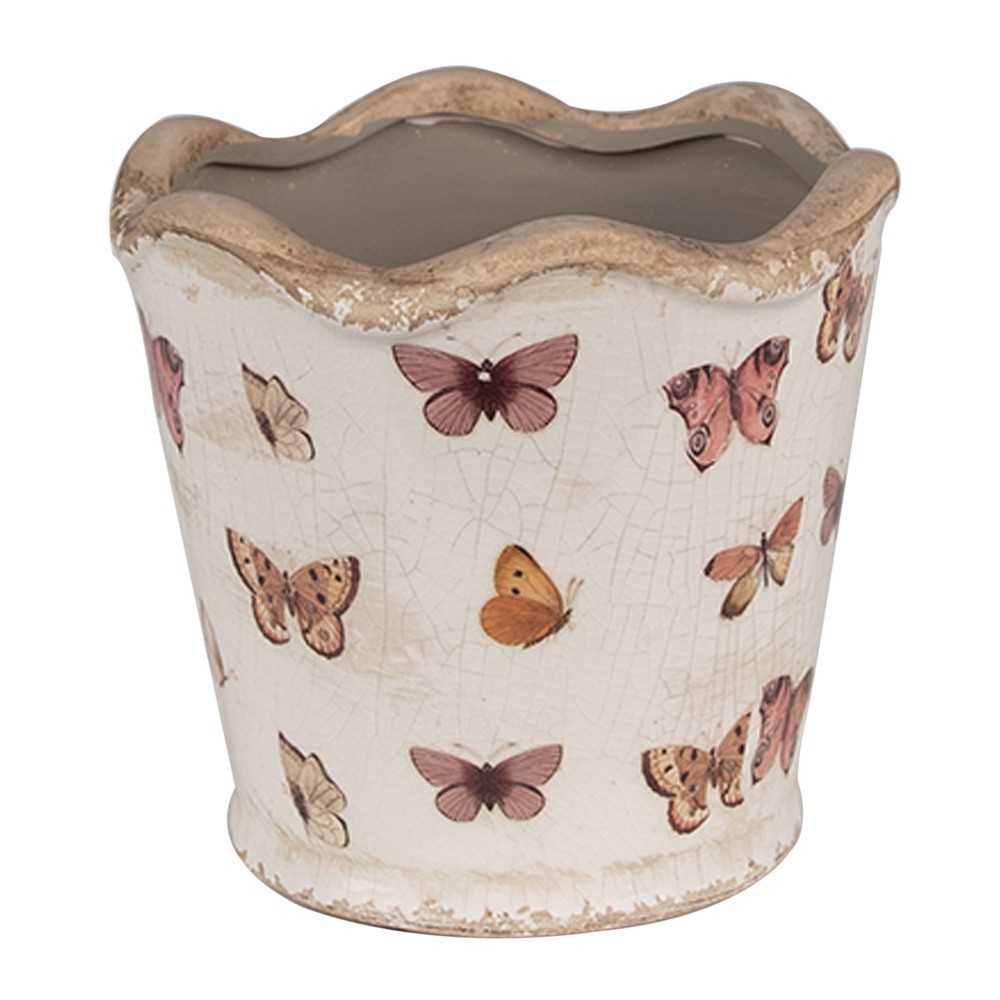 Béžový antik obal na květináč s motýlky Butterfly Paradise S - Ø 13*12 cm Clayre & Eef