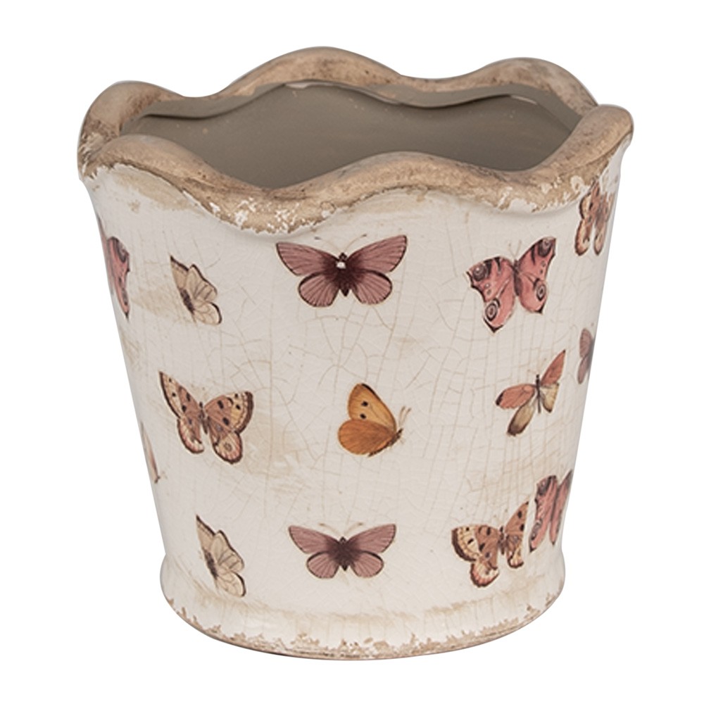 Béžový antik obal na květináč s motýlky Butterfly Paradise S - Ø 13*12 cm