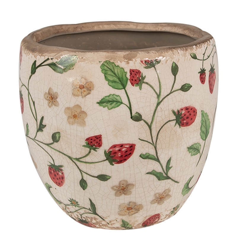 Béžový keramický obal na květináč s jahůdkami Wild Strawberries S - Ø 13*11 cm Clayre & Eef