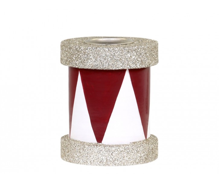 Červeno-bílý antik dřevěný svícen s glitry - 6*7cm