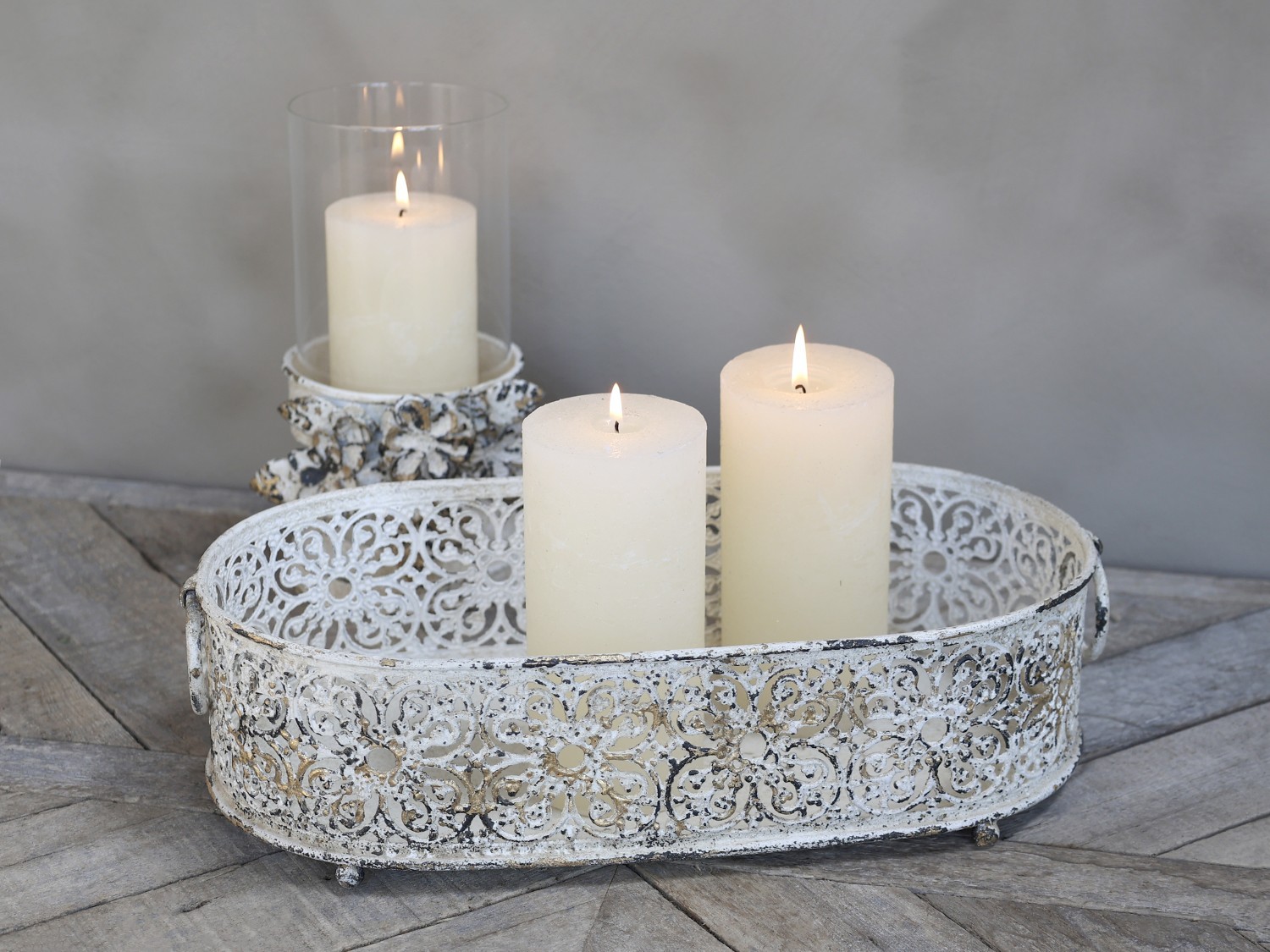 Krémový dekorační kovový podnos / svícen Lace - 17*9,5 cm