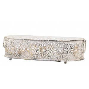 Krémový dekorační kovový podnos / svícen Lace - 17*9,5 cm