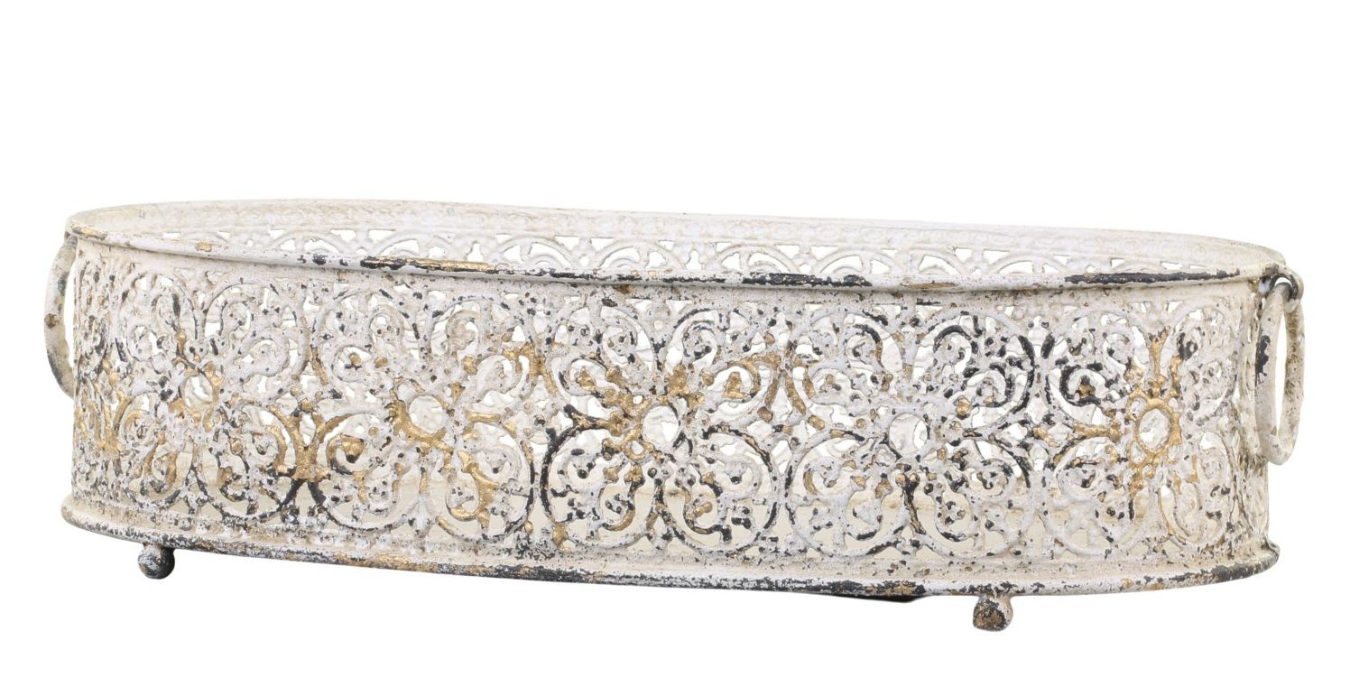 Krémový dekorační kovový podnos / svícen Lace - 17*9,5 cm