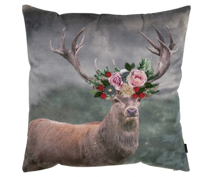 Šedý sametový polštář s jelenem Fleury Deer - 45*45*10cm