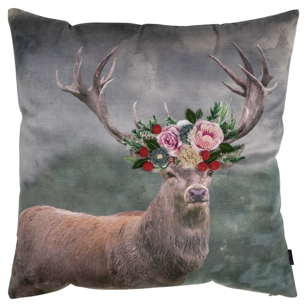 Šedý sametový polštář s jelenem a květy Fleury Deer - 45*45*10cm