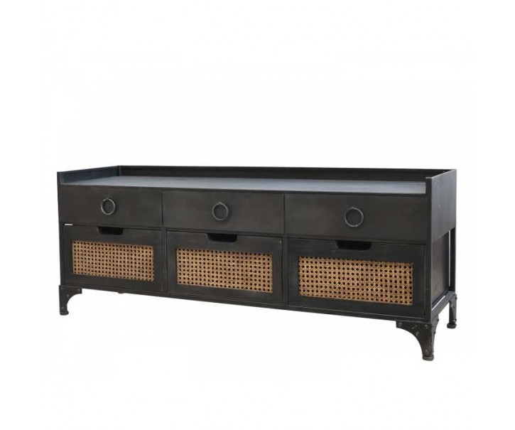 Černá antik dřevěná komoda se šuplíky a výpletem French wicker - 122*36*49 cm
