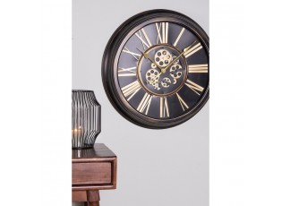 Černozlaté nástěnné hodiny s ozubenými kolečky - Ø 64*11 cm / 1*AA / 1*C
