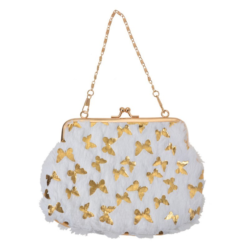 Bílá chlupatá dívčí kabelka se zlatými motýlky - 15*10 cm Clayre & Eef
