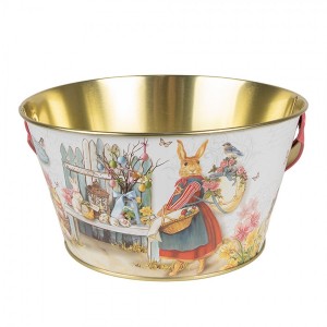 Plechový dekorativní velikonoční kyblík s králíčky - Ø 19*10 cm