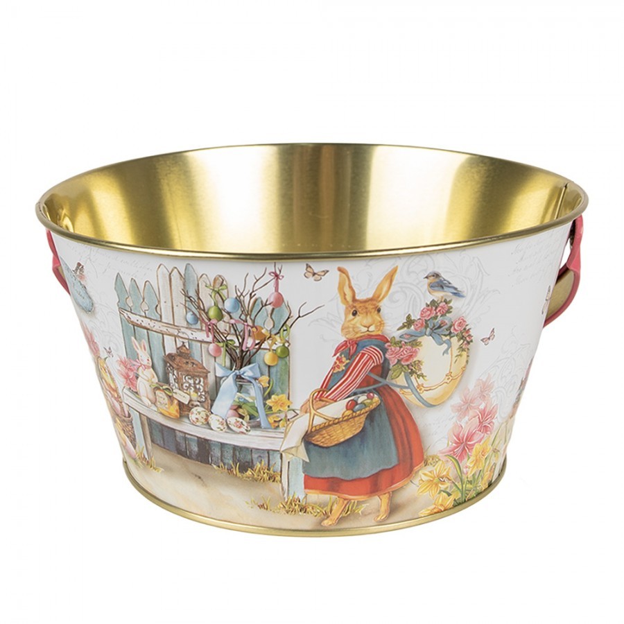 Plechový dekorativní velikonoční kyblík s králíčky - Ø 19*10 cm