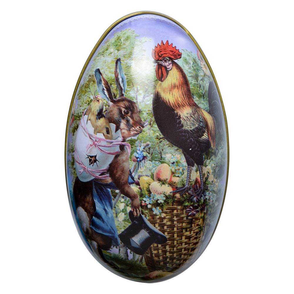 Plechové otevírací vajíčko s králíčkem a kohoutem - 7*11*7 cm Clayre & Eef