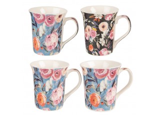 Sada 4ks modrý a černý porcelánový hrnek s květy - 12* 8*10 cm / 300 ml