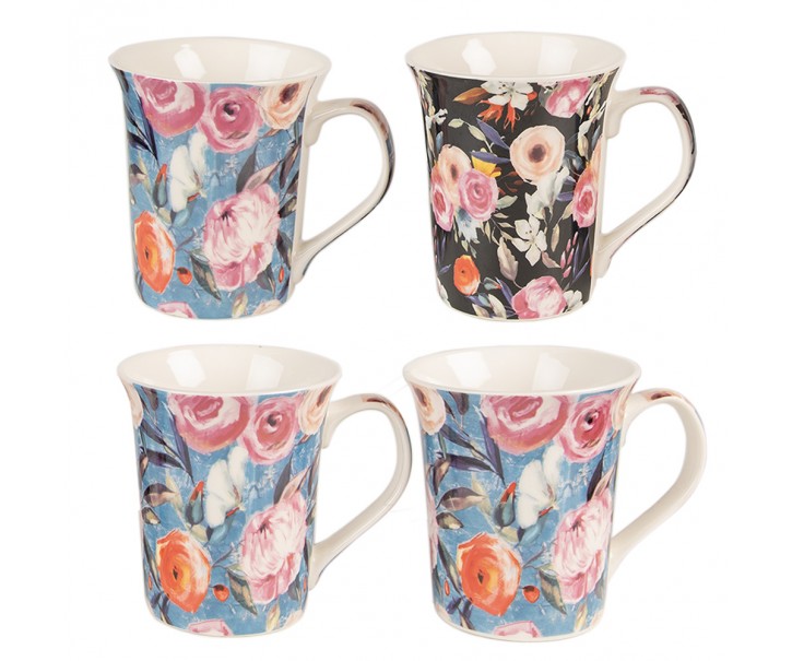 Sada 4ks modrý a černý porcelánový hrnek s květy - 12* 8*10 cm / 300 ml Clayre & Eef