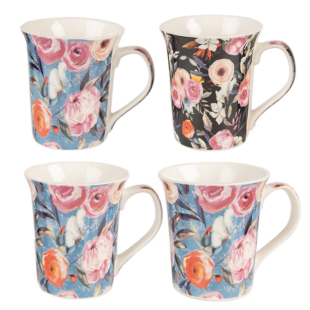 Sada 4ks modrý a černý porcelánový hrnek s květy - 12* 8*10 cm / 300 ml