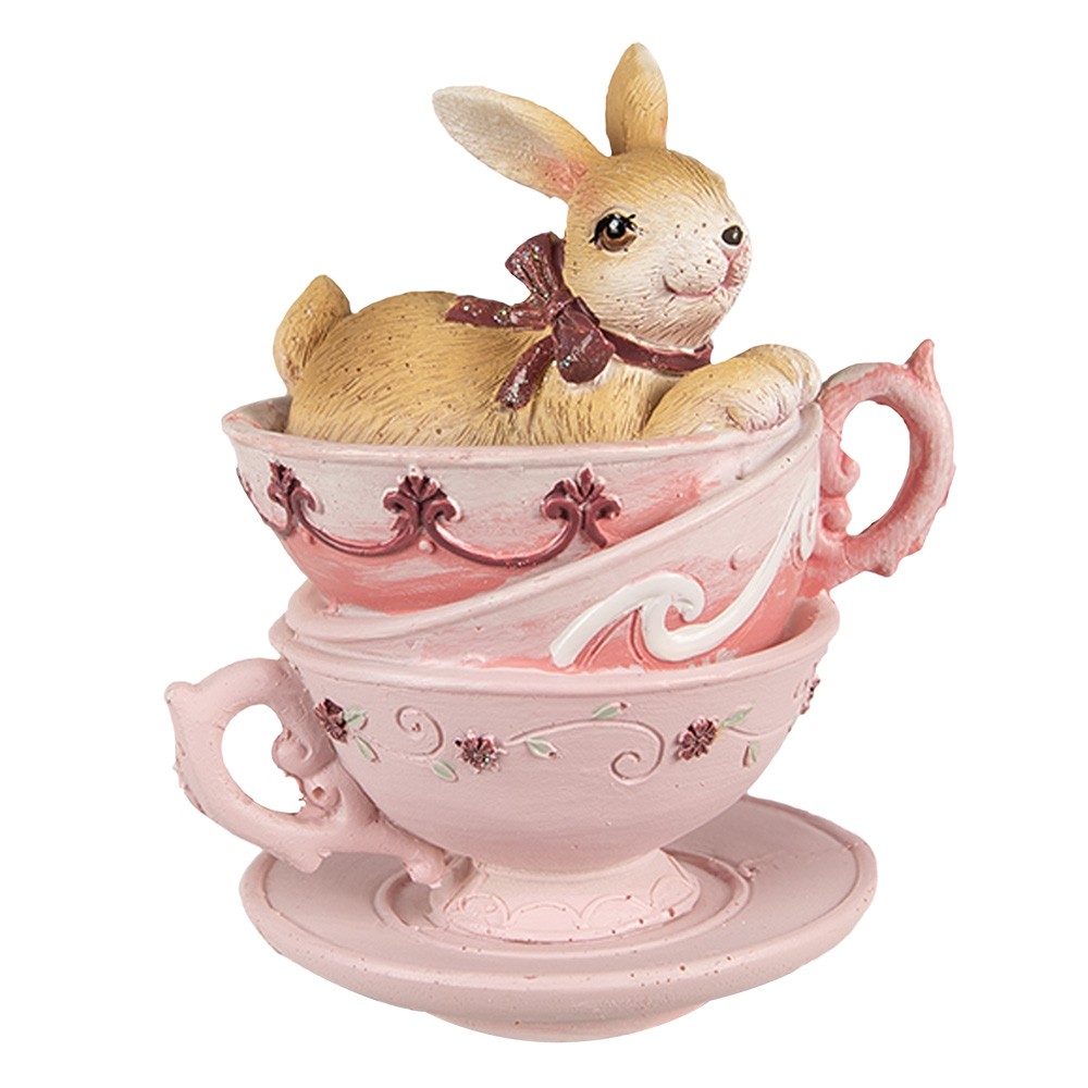 Dekorace socha králík v růžových šálcích - 9*7*10 cm Clayre & Eef