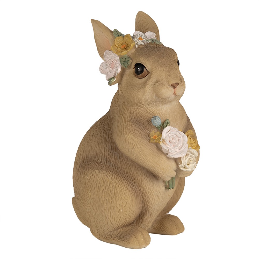 Dekorace hnědý velikonoční králíček s květy - 9*7*14 cm Clayre & Eef