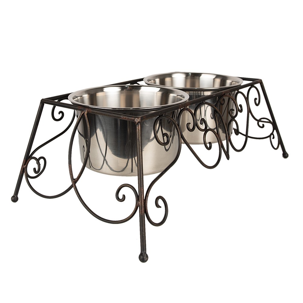 Velké hnědé kovové misky pro psa nebo kočku - 46*26*16 cm / 2x2000 ml