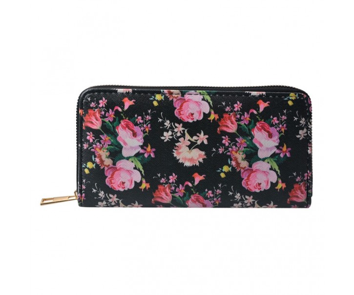 Černá peněženka s růžemi - 10*19 cm