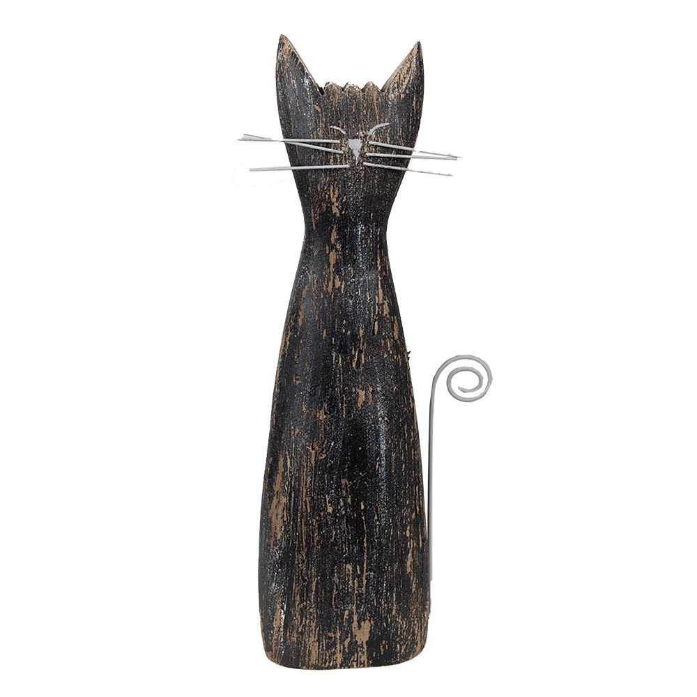Černá antik dřevěná dekorace socha kočka - 11*6*31 cm 6H2331
