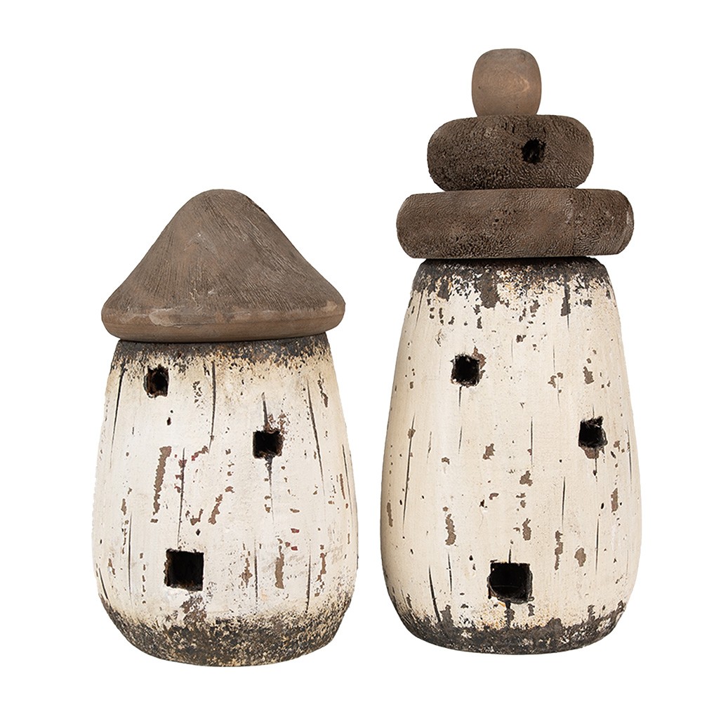 Bílo-hnědá přírodní dřevěná dekorace domek - Ø 11*17 cm