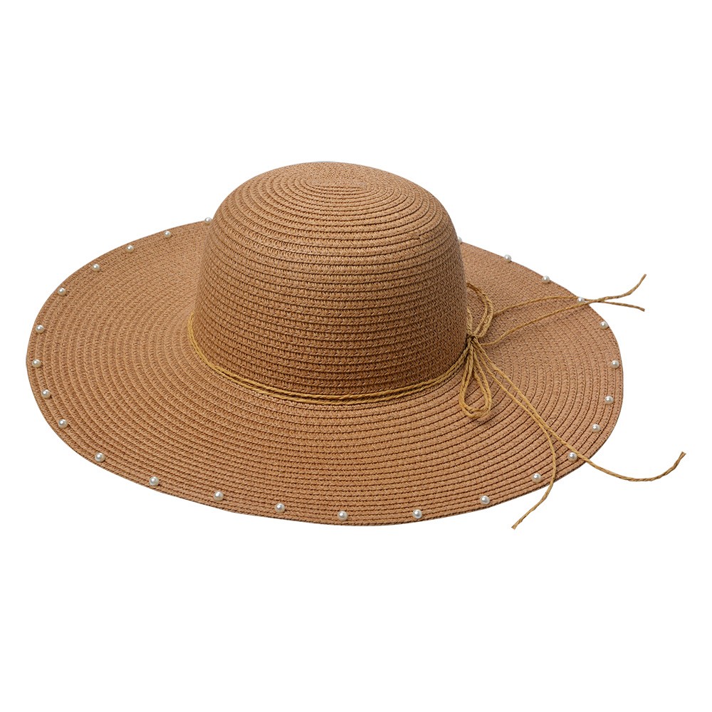 Hnědý dámský klobouk s mašlí a perličkami JZHA0108