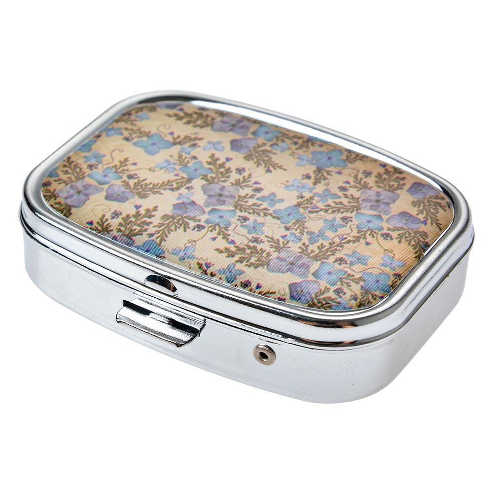 Levně Kovová krabička na pilulky / šperky s modrými květy - 4*5 cm JZPB0004