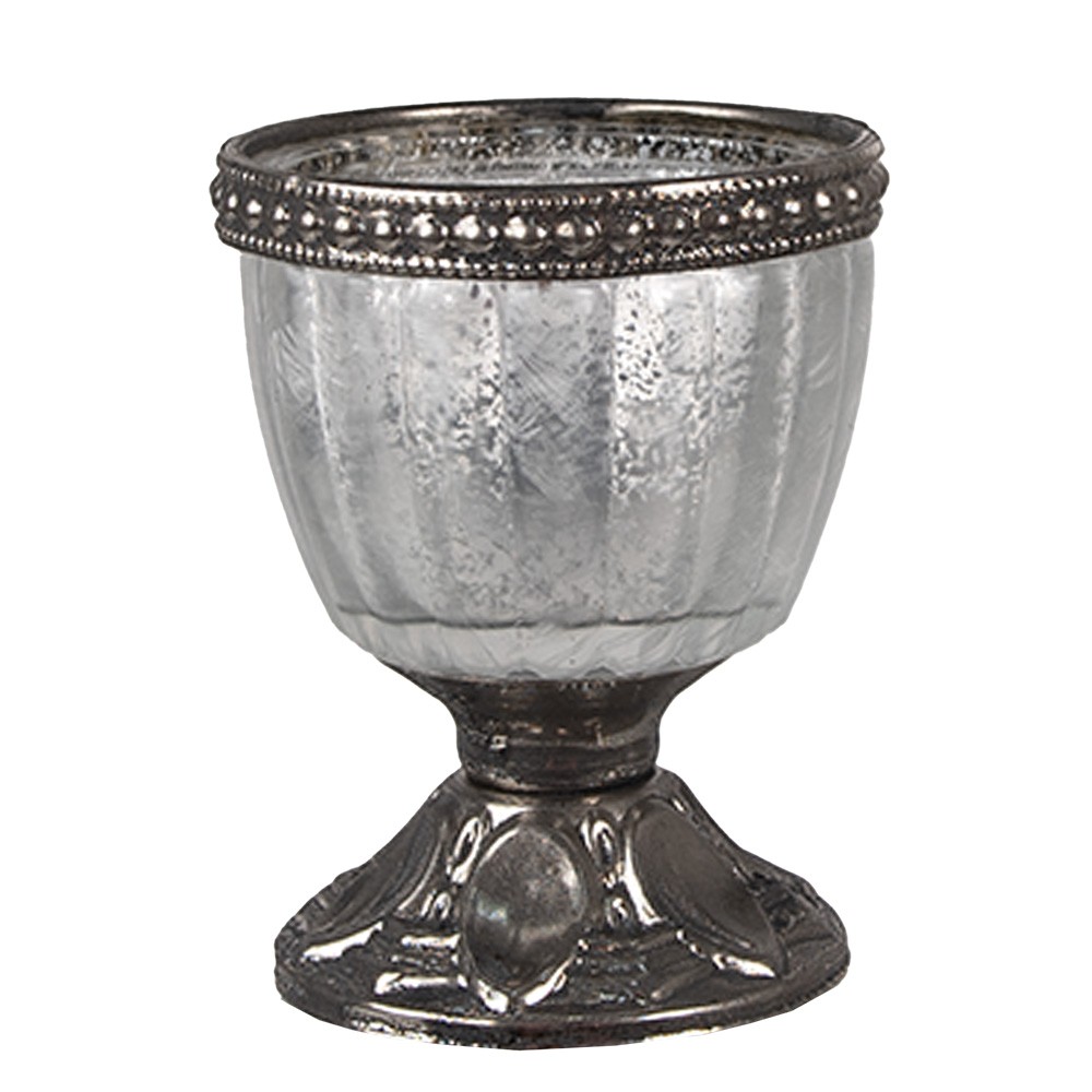 Stříbrno-šedý skleněný svícen na noze na čajovou svíčku - Ø 6*8 cm Clayre & Eef