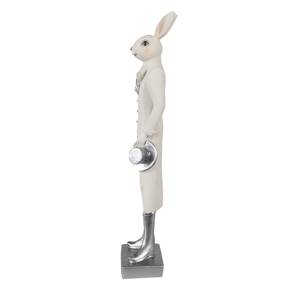 Bílá dekorace králík ve fraku a stříbrných botech držící klobouk - 9*7*34 cm