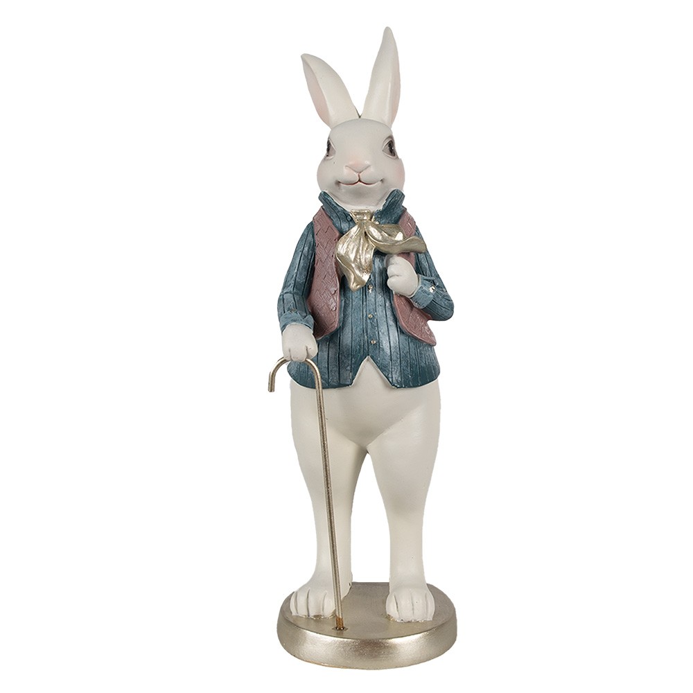 Dekorace bílý králík v košili a s holí - 12*10*32 cm 6PR4055