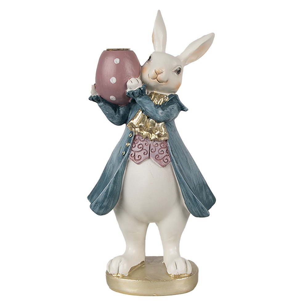 Svícen bílý králík v modrém kabátku s vajíčkem - 10*8*20 cm Clayre & Eef