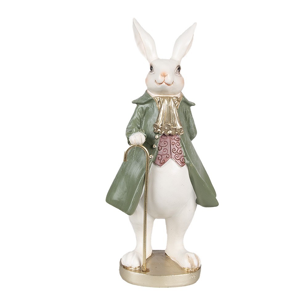 Dekorace bílý králík v zeleném kabátě s holí - 12*9*26 cm 6PR4058