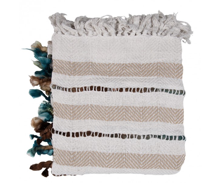 Béžový bavlněný pléd s hnědými pruhy a třásněmi - 125*150 cm