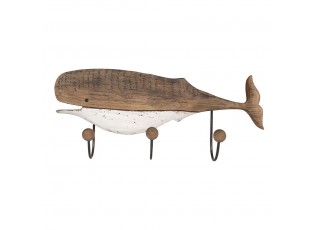 Hnědý antik dřevěný nástěnný věšák se 3-mi háčky Velryba - 53*10*23 cm