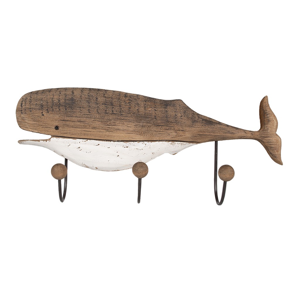 Hnědý antik dřevěný nástěnný věšák se 3-mi háčky Velryba Nauticco - 53*10*23 cm